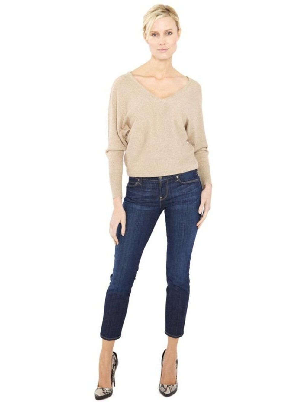 BCBG MAX AZRIA Wyatt Metallic Sweater Camel Combo Gold V-Neck IIK1J317 NWT